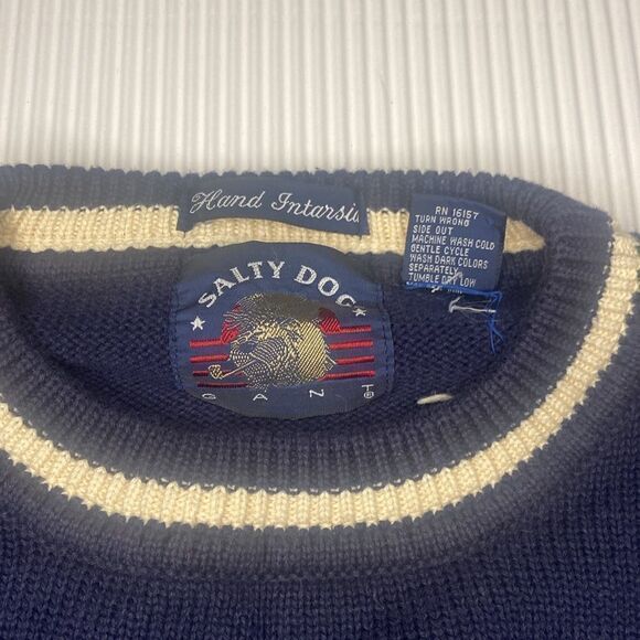 Vintage Salty Dog Mens Golf Sweater Size Large Argyle Hand Knit Navy Gant Preppy - Picture 5 of 8
